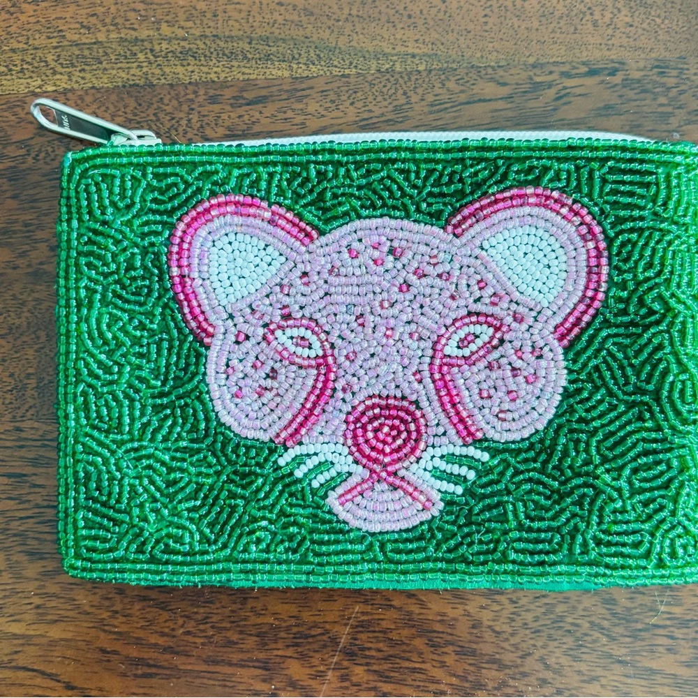 Beaded Green Clutch with Pink Leopard Design